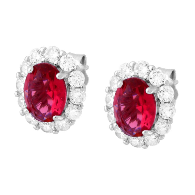 ORECCHINI OVALE ROSSO RUBINO CONTORNATO DA CUBIC ZIRCONIA BIANCHI IN ARGENTO 925 GALVANICA RODIO