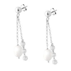 ORECCHINI DUE FILI CATENA ROLO CON PERLA E PALLINE CUBIC ZIRCONIA BIANCHI IN ARGENTO 925 GALVANICA RODIO