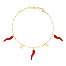 BRACCIALE CATENA FORZATINA CON STELLE PLAIN E CORNI PORTAFORTUNA SMALTO ROSSO IN ACCIAIO COLORE ORO