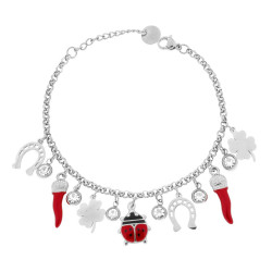 BRACCIALE CATENA ROLO CON CHARMS PORTAFORTUNA CRYSTAL BIANCHI E SMALTO ROSSO IN ACCIAIO PASSIVATO