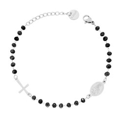 BRACCIALE ROSARIO CON GRANI CRYSTAL NERI MM 3 CON CROCE E MEDAGLIA MADONNA IN ACCIAIO