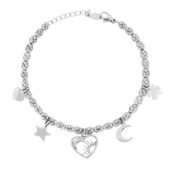 BRACCIALE CATENA OVALI MARTELLATI CON CUORI STELLA QUADRIFOGLIO LUNA CHARMS E CRYSTAL BIANCHI IN ACCIAIO