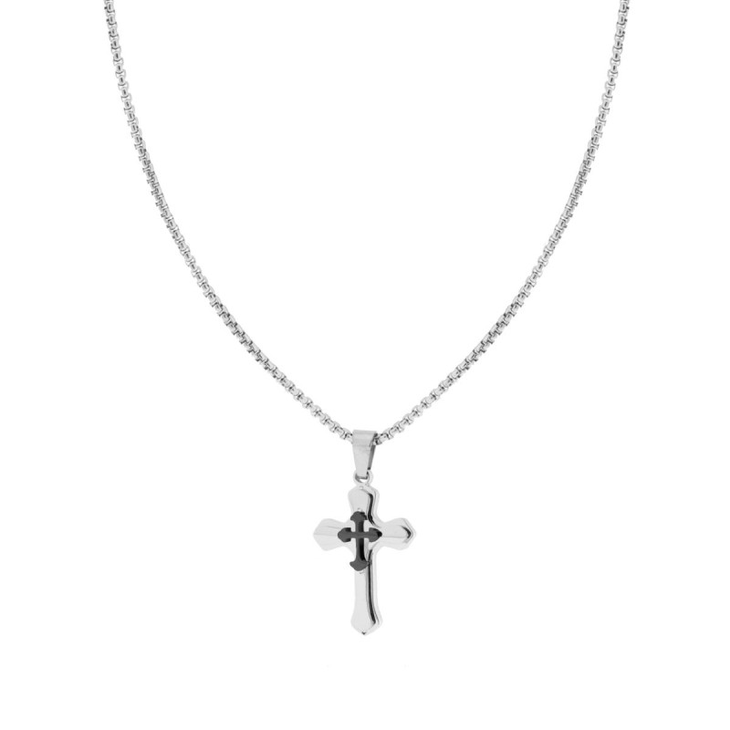 COLLANA CATENA VENEZIANA TONDA CON CROCE COLORE NERO IN ACCIAIO