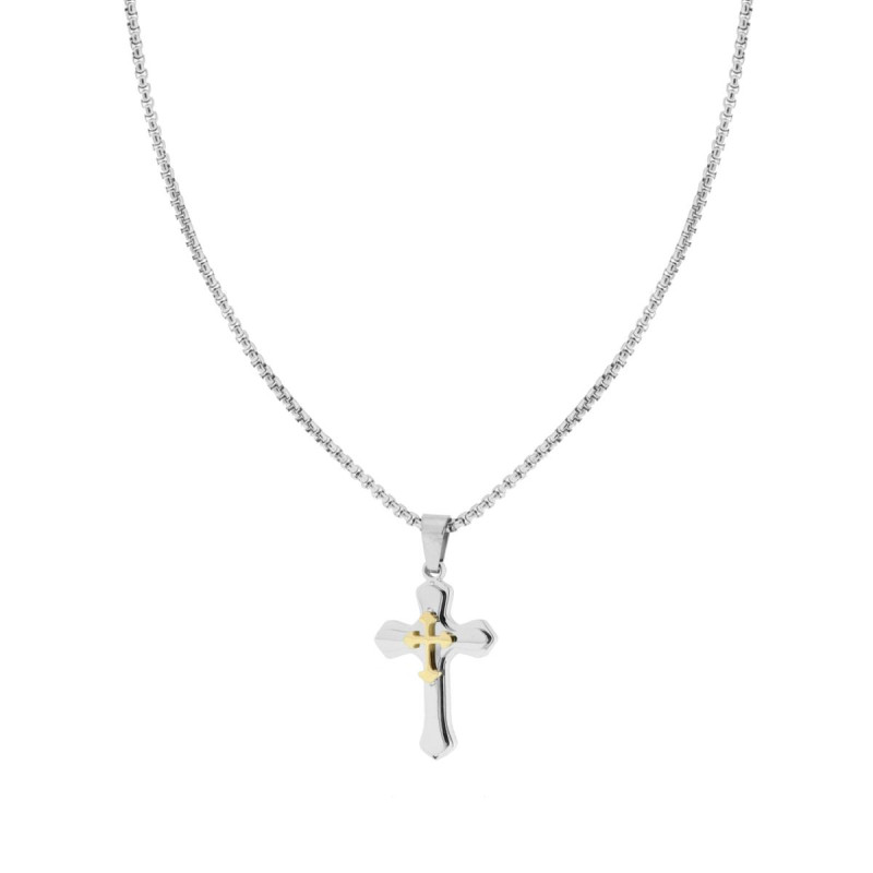 COLLANA CATENA VENEZIANA TONDA CON CROCE COLORE ORO IN ACCIAIO