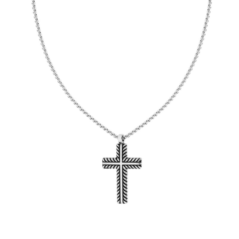 COLLANA CATENA VENEZIANA TONDA CON CROCE TRECCIA BRUNITA IN ACCIAIO