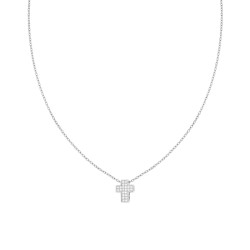 COLLANA CATENA FORZATINA DIAMANTATA CON CROCE E CRYSTAL BIANCHI IN ACCIAIO E OTTONE