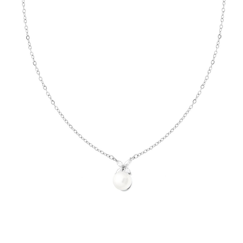 COLLANA CATENA FORZATINA DIAMANTATA CON PERLA E FIORE CON CRYSTAL BIANCHI IN ACCIAIO