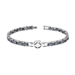 BRACCIALE UOMO MAGLIA IMPERNIATA CON CERAMICA BUGNATA ANTRACITE E ROSA DEI VENTI IN ACCIAIO
