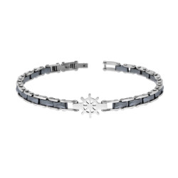 BRACCIALE UOMO MAGLIA IMPERNIATA CON CERAMICA BUGNATA ANTRACITE E TIMONE IN ACCIAIO