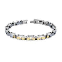 BRACCIALE UOMO CATENA IMPERNIATA SATINATA COLORE ORO CON CERAMICA GRIGIO ANTRACITE E CRYSTAL NERI CARRE IN ACCIAIO