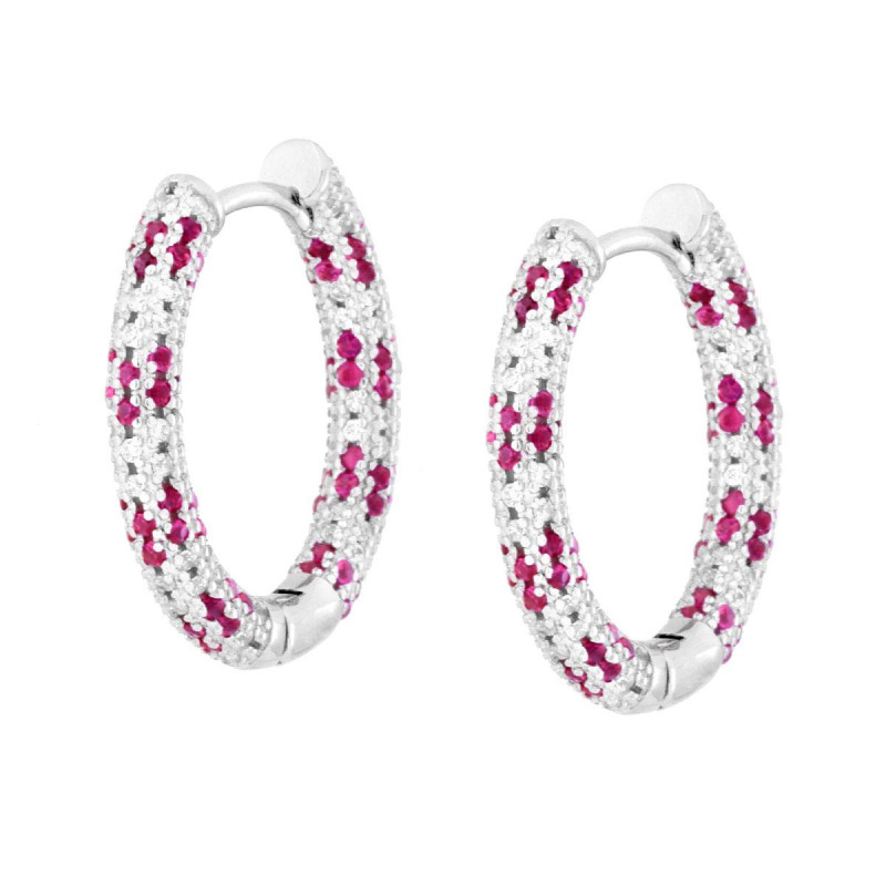 ORECCHINI CERCHIO CREOLA CON CUBIC ZIRCONIA ROSSO RUBINO E BIANCHI IN ARGENTO 925 GALVANICA RODIO