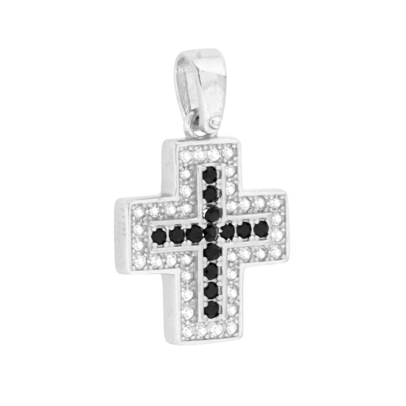 CIONDOLO CROCE CON CUBIC ZIRCONIA NERI E BIANCHI IN ARGENTO 925 GALVANICA RODIO