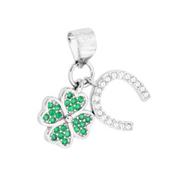 CIONDOLO DOPPIO CON QUADRIFOGLIO E FERRO DI CAVALLO PORTAFORTUNA CON CUBIC ZIRCONIA VERDE SMERALDO E BIANCHI IN ARGENTO 925 GALV