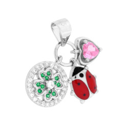 CIONDOLO TRIS CON QUADRIFOGLIO COCCINELLA SMALTO ROSSO E CUORE ROSA PORTAFORTUNA CON CUBIC ZIRCONIA VERDE SMERALDO E BIANCHI IN 
