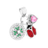 CIONDOLO TRIS CON QUADRIFOGLIO COCCINELLA SMALTO ROSSO E CUORE ROSA PORTAFORTUNA CON CUBIC ZIRCONIA VERDE SMERALDO E BIANCHI IN 