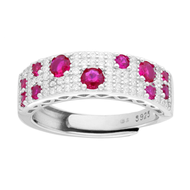 ANELLO FASCIA CON CUBIC ZIRCONIA BIANCHI E ROSSO RUBINO IN ARGENTO 925 GALVANICA RODIO