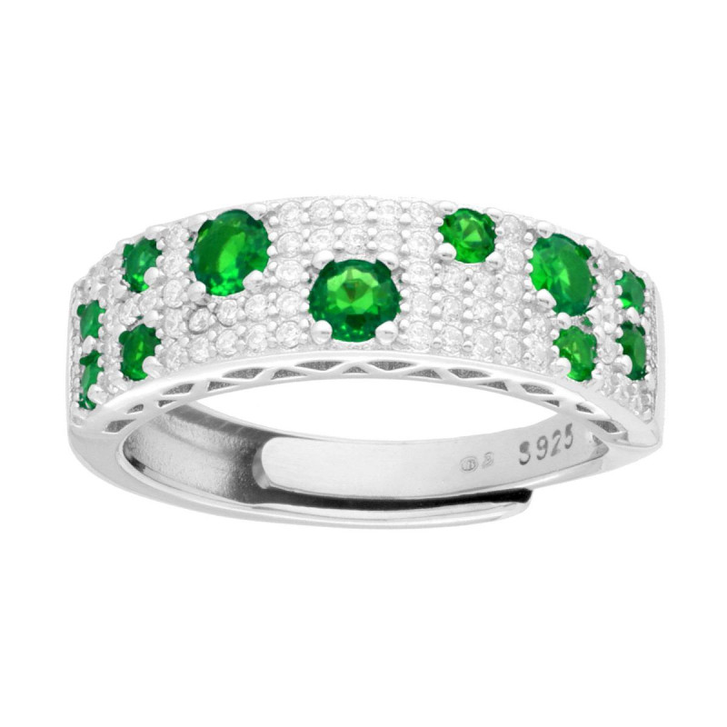 ANELLO FASCIA CON CUBIC ZIRCONIA BIANCHI E VERDE SMERALDO IN ARGENTO 925 GALVANICA RODIO