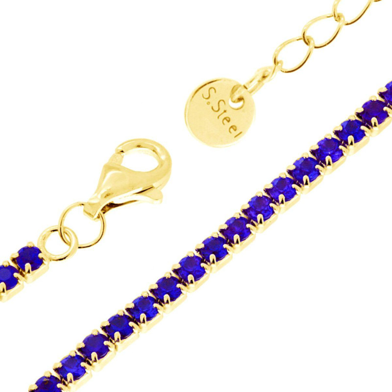 BRACCIALE TENNIS GRIFFE CM 17+5 CON CRYSTAL MM 2 BLU ZAFFIRO IN ACCIAIO COLORE ORO