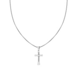 COLLANA CATENA VENEZIANA TONDA CON CROCE CON DECORO GEOMETRICO SORMONTATA DA CROCE LUCIDA IN ACCIAIO