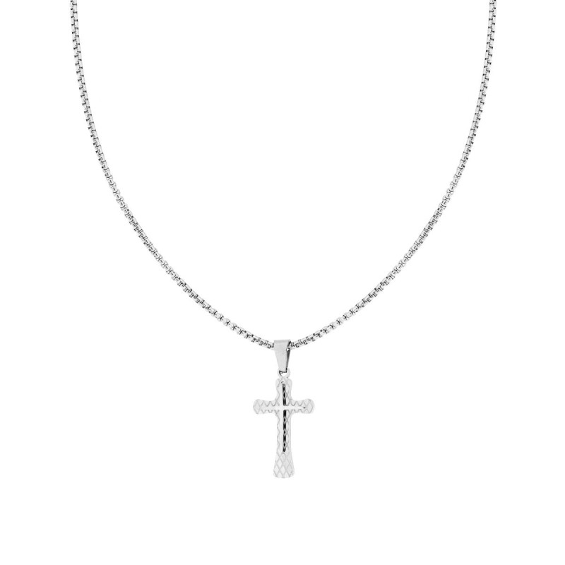 COLLANA CATENA VENEZIANA TONDA CON CROCE CON DECORO GEOMETRICO SORMONTATA DA CROCE LUCIDA IN ACCIAIO