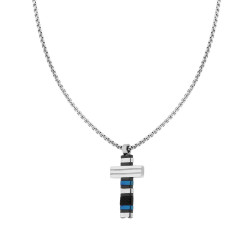 COLLANA CATENA VENEZIANA TONDA CON CROCE CON DETTAGLI COLORE BLU E NERO IN ACCIAIO