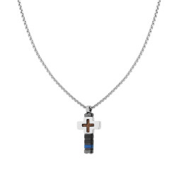 COLLANA CATENA VENEZIANA TONDA CON CROCE CON DETTAGLI COLORE GRIGIO E BLU E INSERTO IN LEGNO IN ACCIAIO