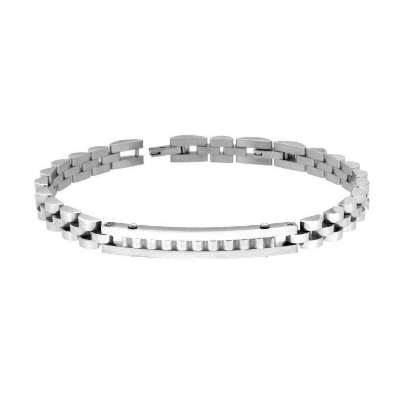 BRACCIALE UOMO MAGLIA IMPERNIATA CON TARGA E INSERTO DENTELLATO IN ACCIAIO