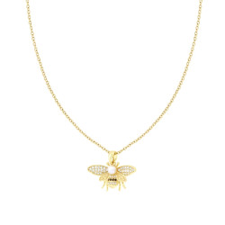 COLLANA CATENA FORZATINA DIAMANTATA CON APE PERLA E CRYSTAL BIANCHI IN ACCIAIO COLORE ORO