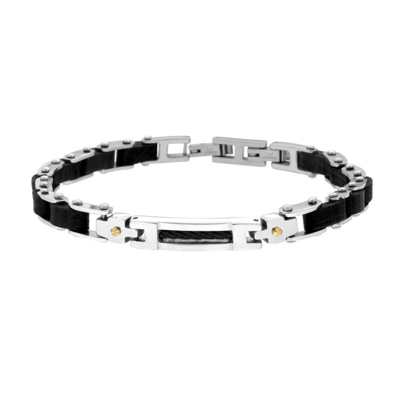 BRACCIALE UOMO MAGLIA IMPERNIATA IN LEGNO NERO CON TARGA CON FUME NERA IN ACCIAIO