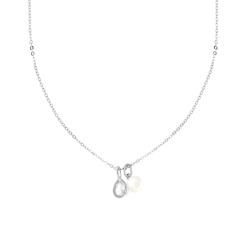 COLLANA CATENA FORZATINA DIAMANTATA CON GOCCIA CUBIC ZIRCONIA BIANCO E PERLA IN ARGENTO 925 GALVANICA RODIO