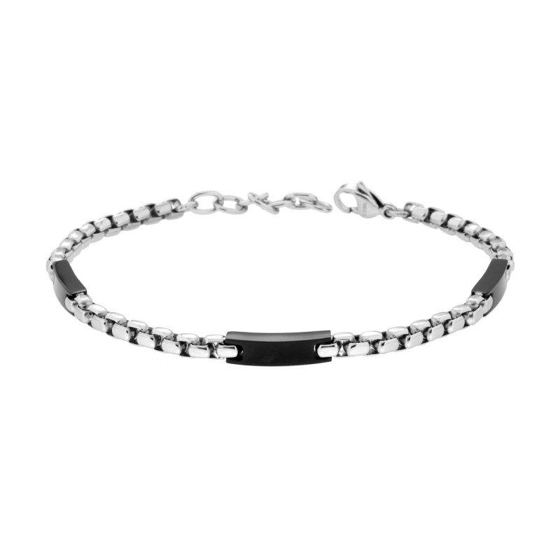 BRACCIALE UOMO CATENA VENEZIANA TONDA E TARGHETTE COLORE NERO IN ACCIAIO