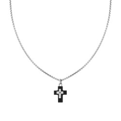 COLLANA CATENA VENEZIANA TONDA E CROCE IN PVC NERO IN ACCIAIO