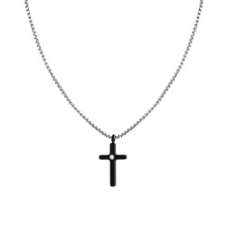 COLLANA CATENA VENEZIANA TONDA CON CROCE NERA E CRYSTAL BIANCO IN ACCIAIO