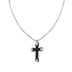 COLLANA CATENA VENEZIANA TONDA CON CROCE CON PIASTRA NERA E CRYSTAL NERI IN ACCIAIO