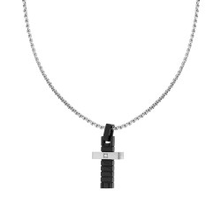 COLLANA CATENA VENEZIANA TONDA CON CROCE NERA E CRYSTAL BIANCO IN ACCIAIO