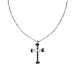 COLLANA CATENA VENEZIANA TONDA E CROCE CON DETTAGLIO NERO IN ACCIAIO