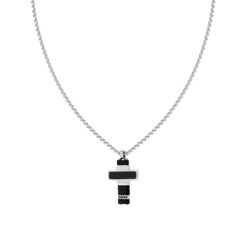 COLLANA CATENA VENEZIANA TONDA E CROCE CON EFFETTO FIBRA DI CARBONIO E CRYSTAL NERI IN ACCIAIO