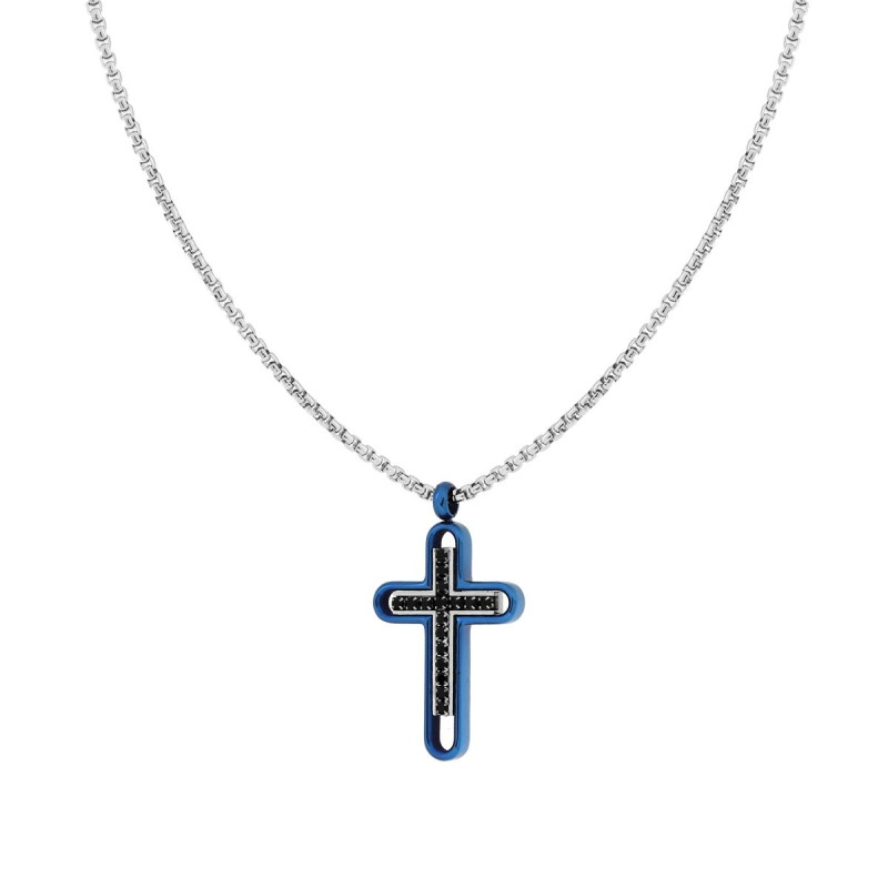 COLLANA CATENA VENEZIANA TONDA CON CROCE BLU E CRYSTAL NERI IN ACCIAIO