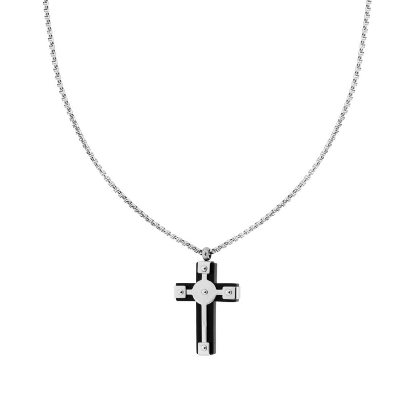 COLLANA CATENA VENEZIANA TONDA E CROCE CON DETTAGLIO NERO IN ACCIAIO