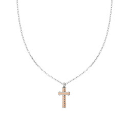 COLLANA CATENA FORZATINA DIAMANTATA CON CROCE ROSA IN ACCIAIO