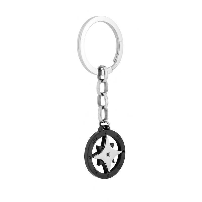 PORTACHIAVI UOMO DONNA AD ANELLO CON TONDO NERO ROSA DEI VENTI E CRYSTAL NERO IN ACCIAIO