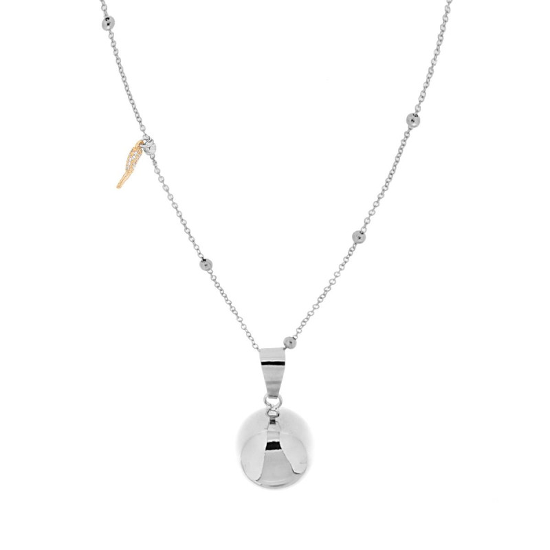 COLLANA CATENA FORZATINA DIAMANTATA CON PALLINE CM 90 CON CHIAMA ANGELI E CORNO PORTAFORTUNA CHARMS STRASS IN ACCIAIO E BRONZO