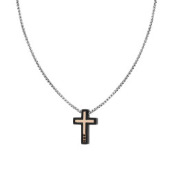 COLLANA CATENA VENEZIANA TONDA CON CROCE NERA E ROSA E CRYSTAL NERI IN ACCIAIO