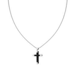 COLLANA CATENA VENEZIANA TONDA CON CROCE SORMONTATA DA CROCE COLORE NERO SATINATA IN ACCIAIO