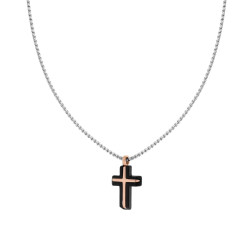 COLLANA CATENA VENEZIANA TONDA CON CROCE NERA E ROSA IN ACCIAIO