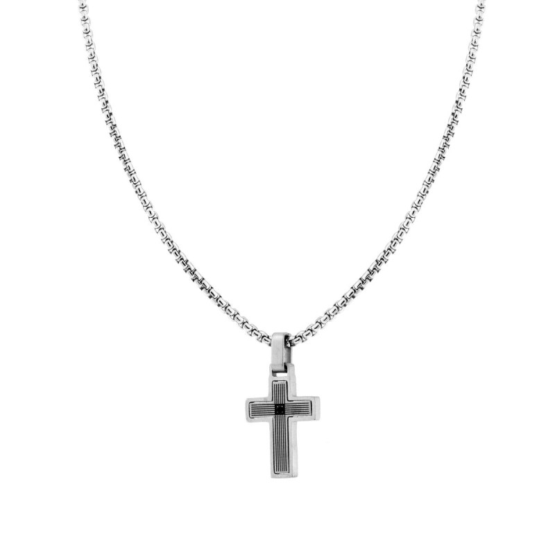 COLLANA CATENA VENEZIANA TONDA CON CROCE RIGATA E CRYSTAL NERO IN ACCIAIO