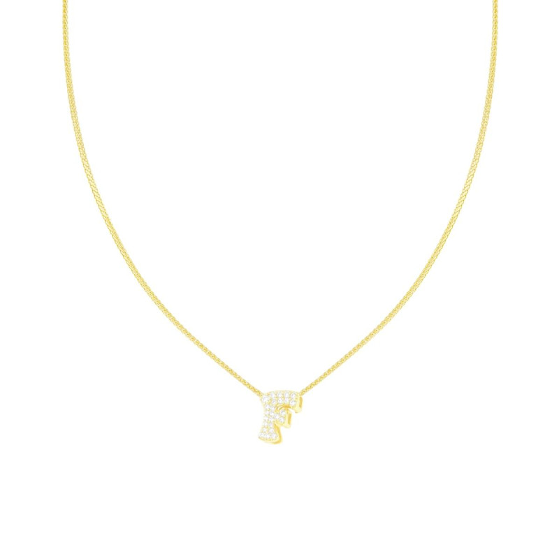 COLLANA CATENA SPIGA DIAMANTATA CON LETTERA INIZIALE F E CUBIC ZIRCONIA BIANCHI IN ARGENTO 925 GALVANICA ORO