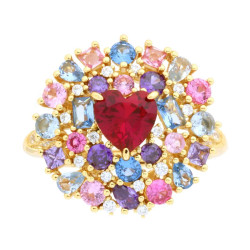 ANELLO AMORE LOVE CUORE ROSSO RUBINO CONTORNATO DA CUBIC ZIRCONIA MULTICOLOR IN ARGENTO 925 GALVANICA ORO