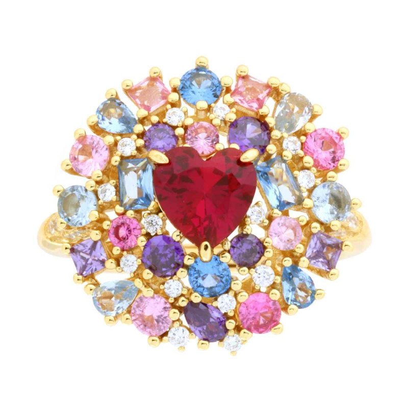 ANELLO AMORE LOVE CUORE ROSSO RUBINO CONTORNATO DA CUBIC ZIRCONIA MULTICOLOR IN ARGENTO 925 GALVANICA ORO