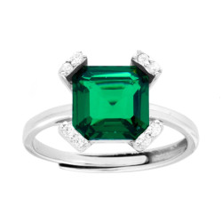 ANELLO SOLITARIO VERDE SMERALDO CON GRIFFE CUBIC ZIRCONIA BIANCHI IN ARGENTO 925 GALVANICA RODIO